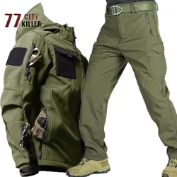 Casaco com capuz de pele de tubarão, bolsos múltiplos, zíper, windproof, ao ar livre, terno tático militar, inverno, 2 pcs set