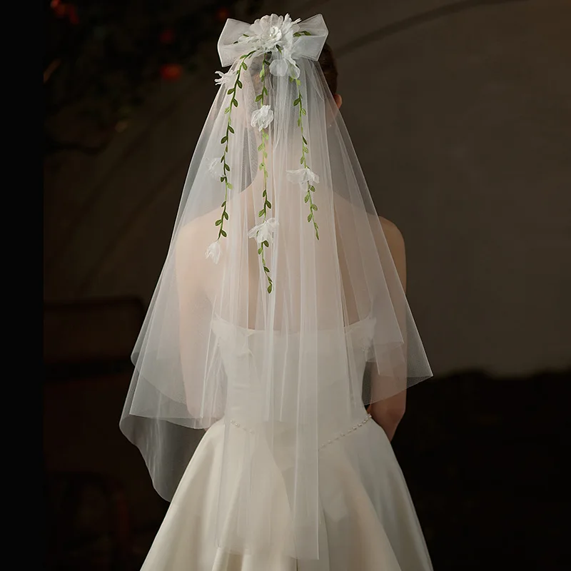 Velo de novia de doble capa, accesorio para el cabello de boda, lazo blanco, hoja verde, flor, tocados de viaje, dama de honor de Ceremonia de lujo para mujer