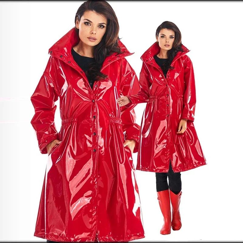 Safari Style Faux Leather Trench for Women, Faux Latex Jackets, Casual Outerwear, Long Sleeve, Turn-Down Collar, Plus Size