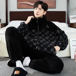 Coral Velvet Winter Pajamas for Men with Thick Velvet Warm Zipper Wear Spring and Autumn Winter Flannel Homewear Set Comfortable
