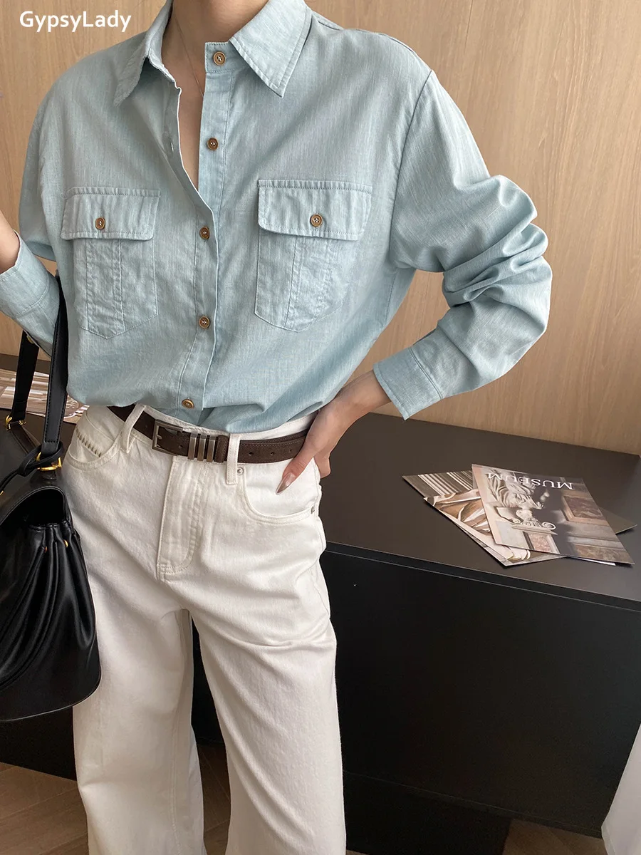 French Chic Elegant Blouse Shirt  Women Blue Linen Spring Autumn Women Long Sleeve Pocket Casual Office Ladies Top Shirts New