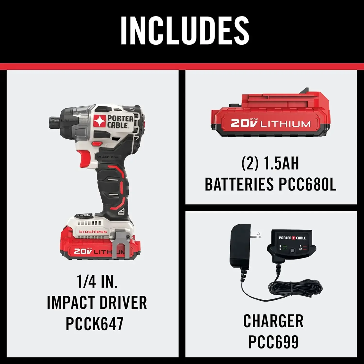 -CABLE 20V MAX Impact Driver, 1/4 Inch, 2,700 RPM, Battery and Charger Included (PCCK647LB)