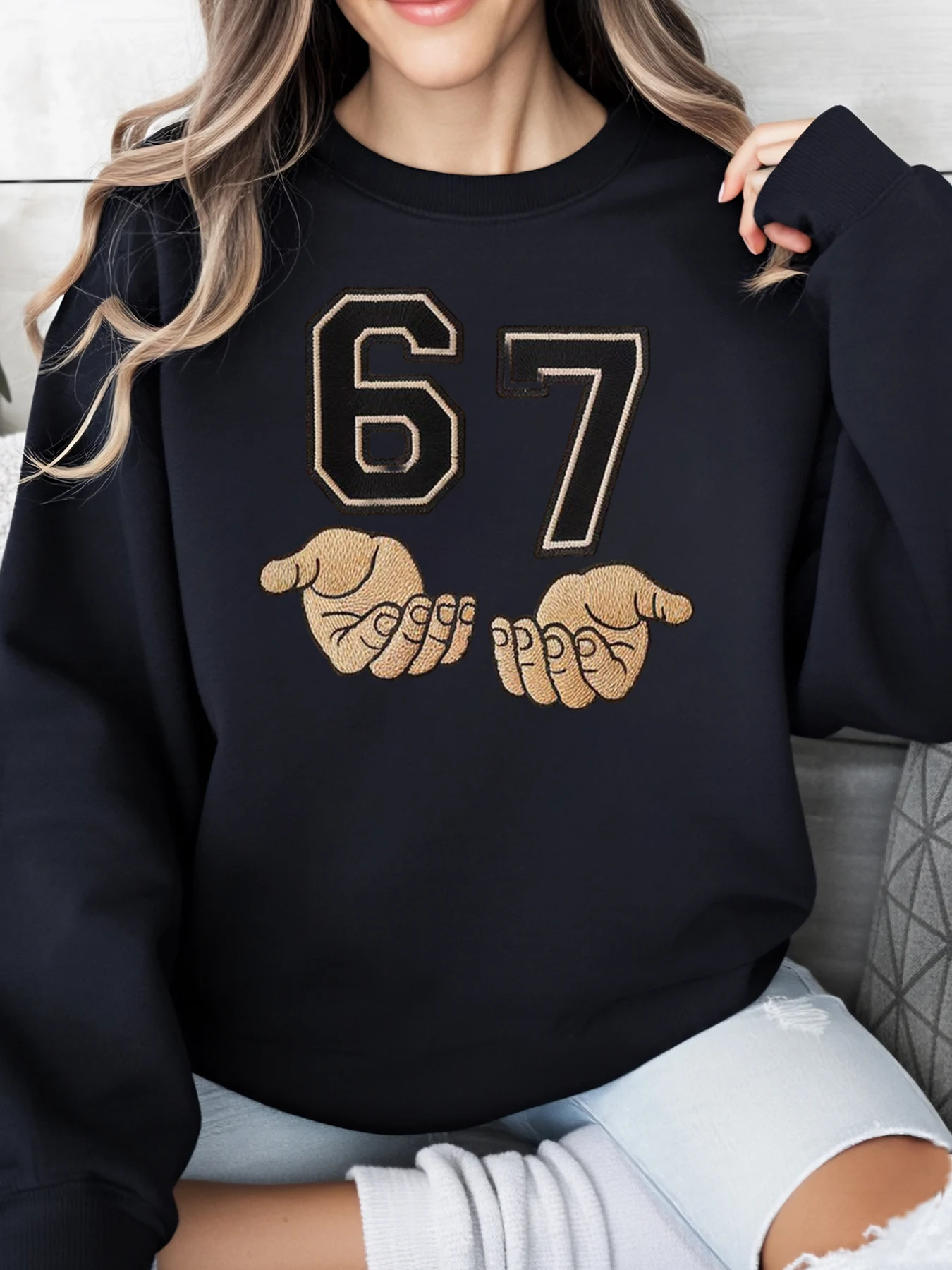 

67, толстовка с принтом жестов рук на Хэллоуин, женская повседневная одежда для вечеринок, черная, больших размеров