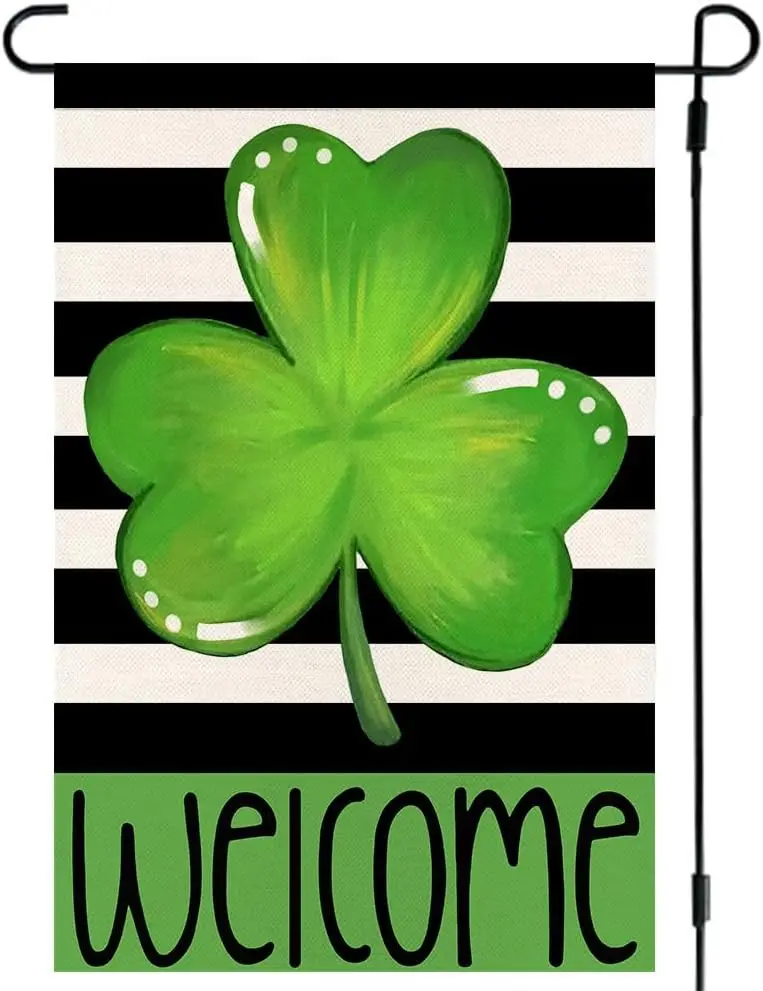 RABUSOFA Welcome St Patricks Day Shamrock Garden Flag 12x18 Double Sided for Outside Green Clover Classic Striped Spring Yard Fl