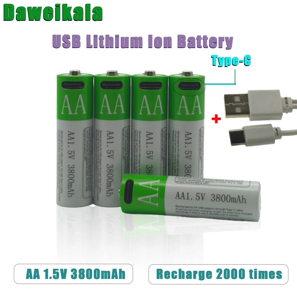 USB 1.5VAA 3800Mah Rechargeable Battery Large Capacity Type-C Fast Charging Toy/Digital Scale/Remote Control  2000 Times +  Life