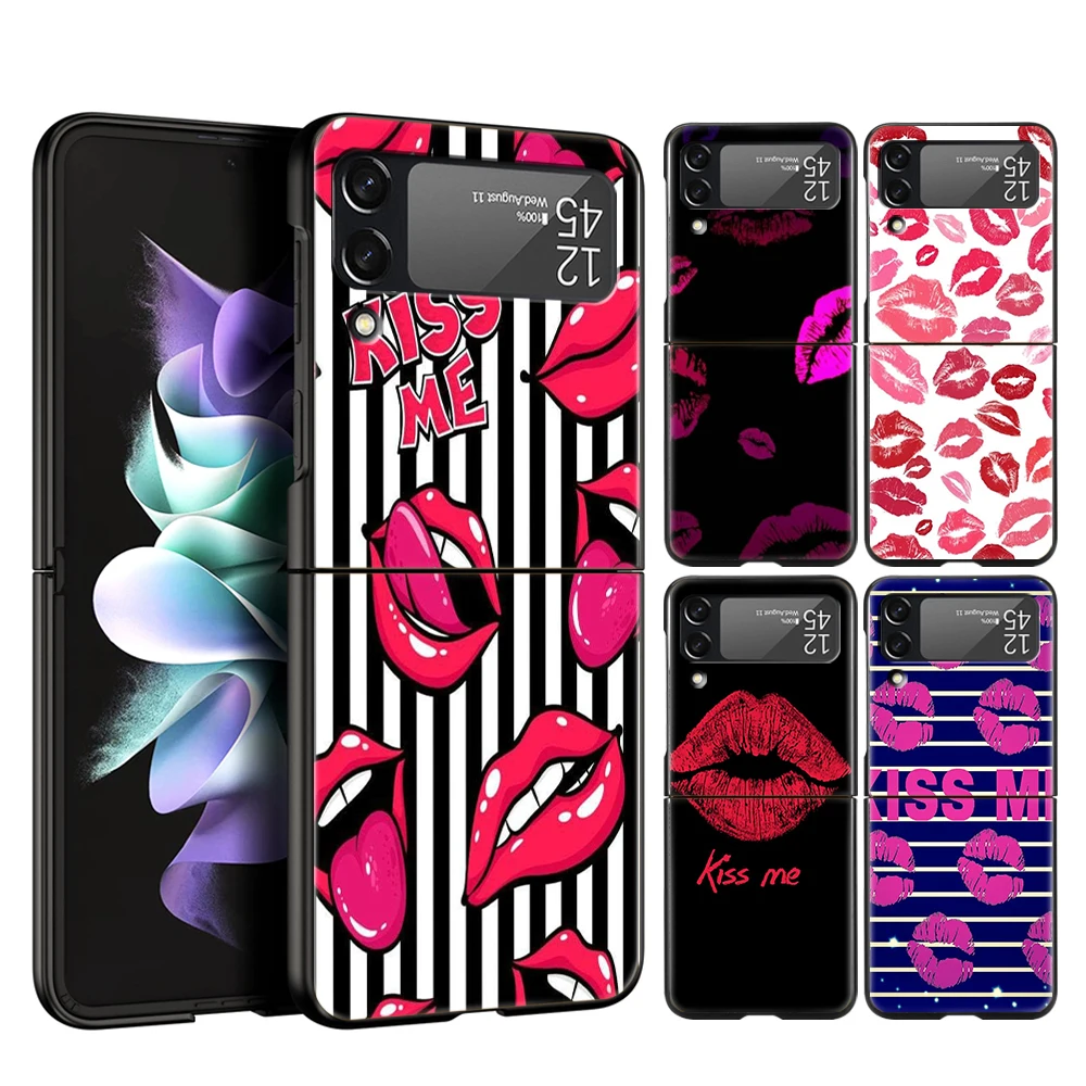 Sexy Girl Red Lips Kiss Hard PC Phone Case For Samsung Galaxy Z Flip 4 5 6 Transparent For Galaxy Z Flip 3 Foldable Shockproof