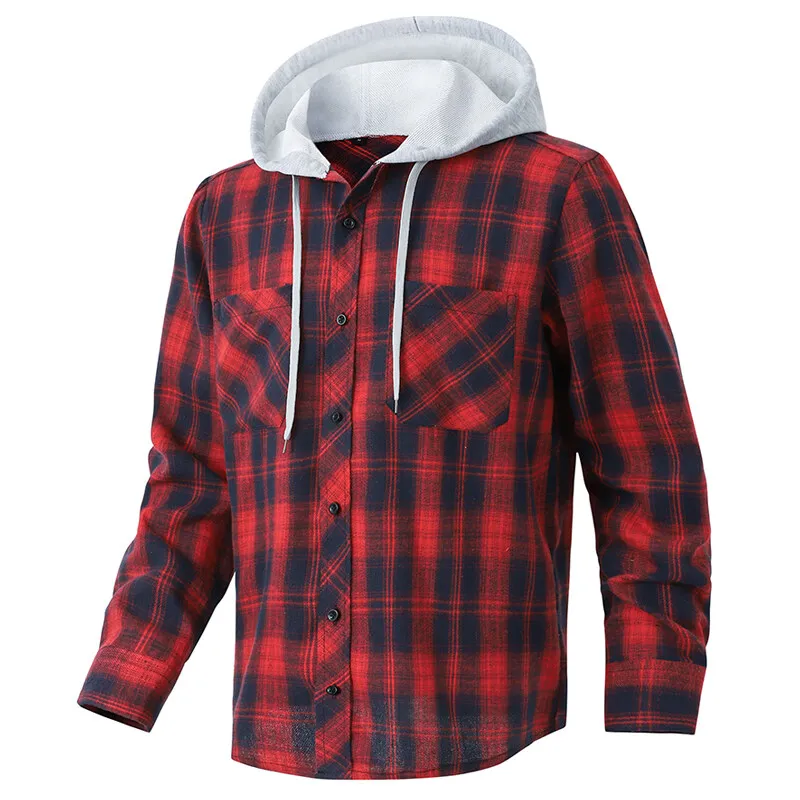 Men's Autumn Sports Hooded Plaid Long-Sleeved Shirt American British Style Relaxed Breathable High-Quality Men's Plus-Size Shirt