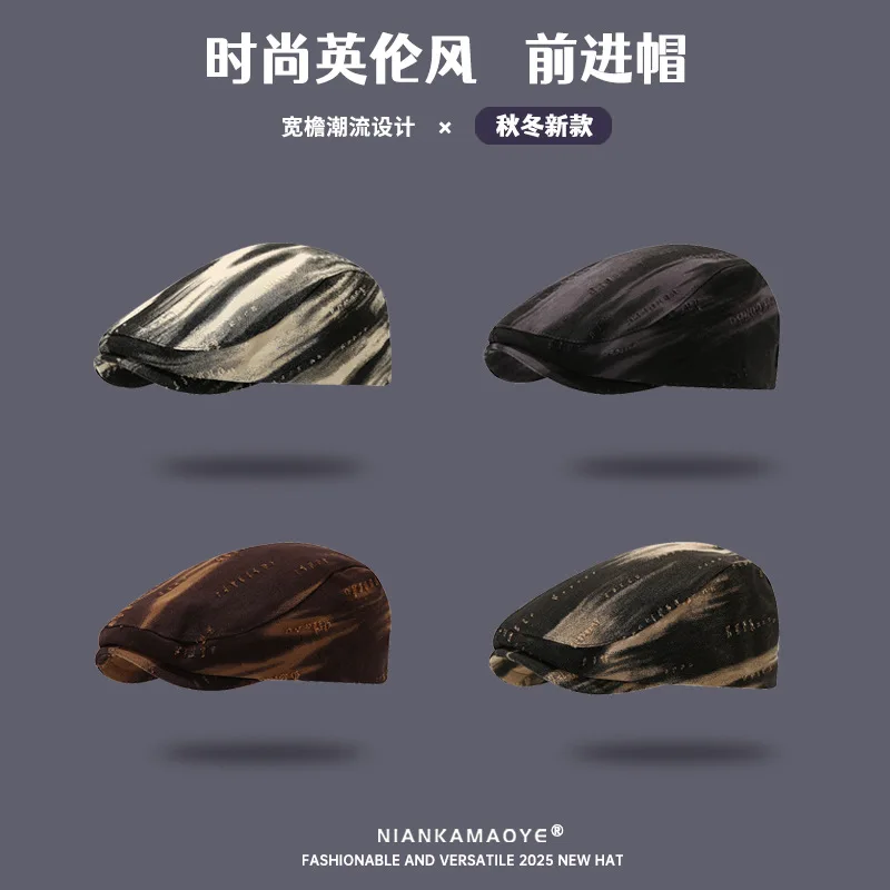 

Retro splashed ink forward hat men women vintage feel prominent face small hats worn out big head duckbill cap 4m608