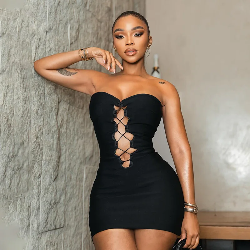 

STYLISH LADY Lace Up Front Bodycon Mini Dress 2026 Summer Women Strapless Backless Bandage Cocktail Club Party Dress
