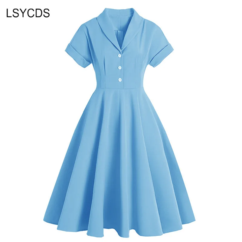 LSYCDS Yellow Retro Elegant A-line Women Dress Vintage Dresses V Neck Short Sleeve Casual Party Big Swing 50s 60s Pinup Dress