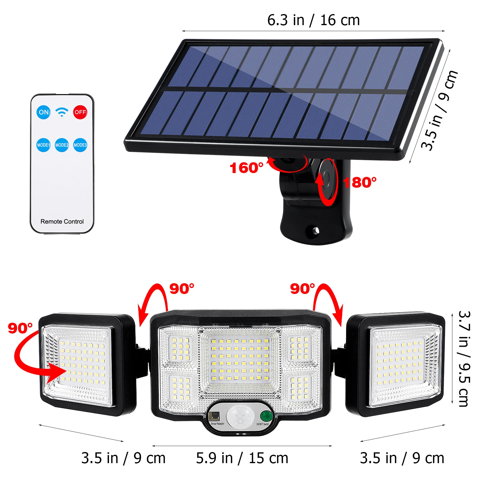 

192 LED Solar Light Three-Head Solar Motion Sensor Outdoor Garden Yard Street Wall Lamp Remote Control Security Light