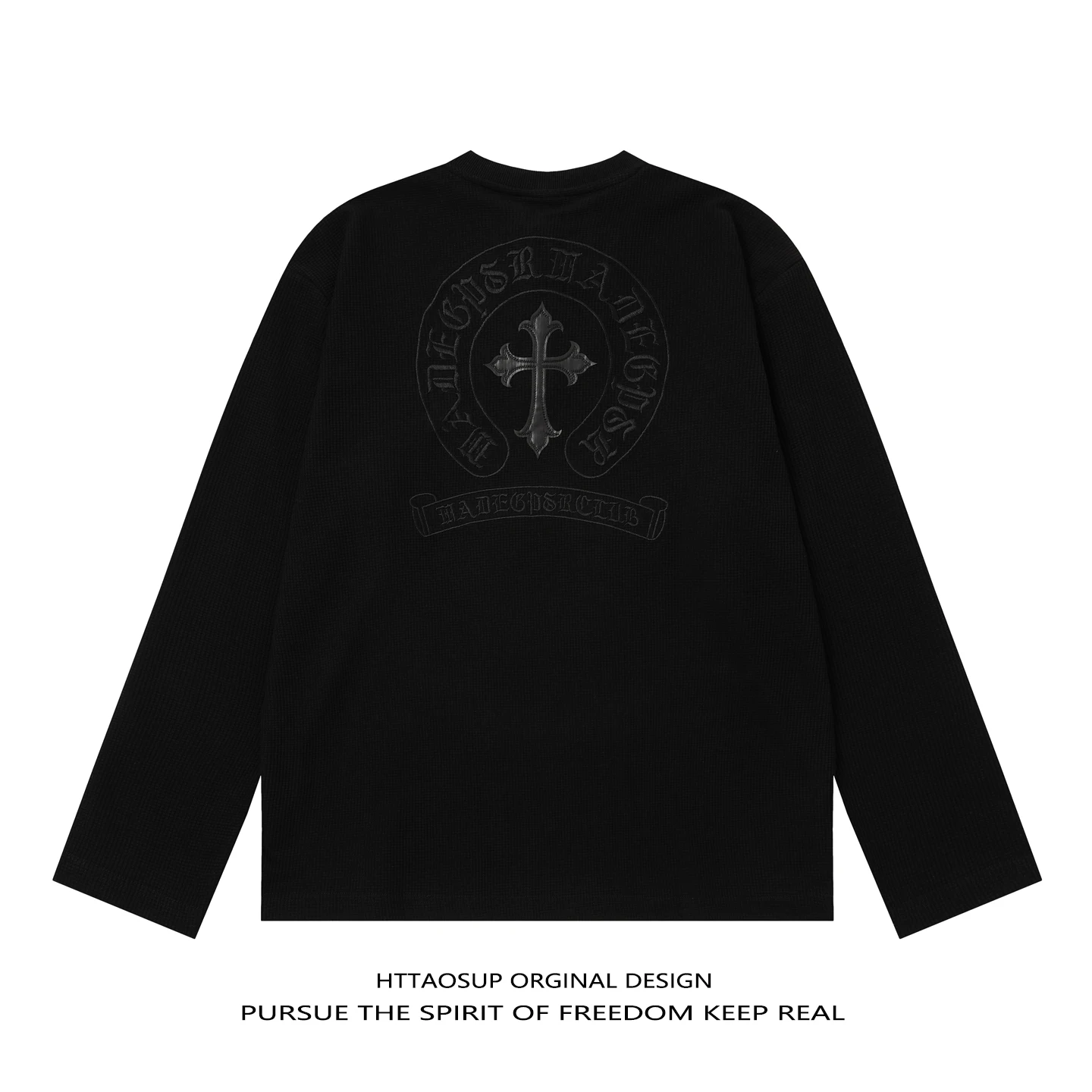 HTTAOSUP Vintage American Streetwear Cross Henry Collar Long Sleeve T-Shirt Unisex Trendy Brand Loose Fit Cotton Polyester