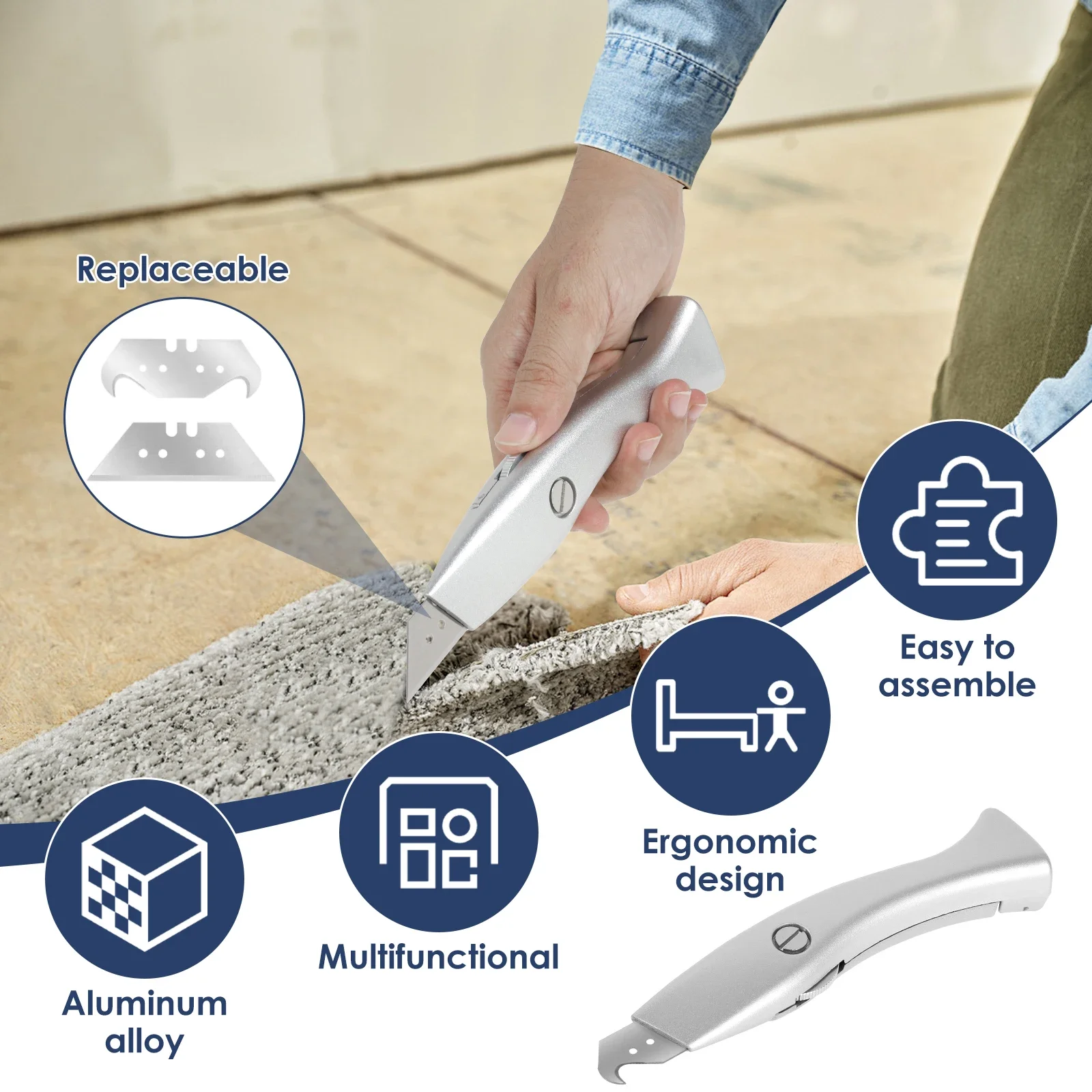 Ensemble de couteaux à tapis, couteau utilitaire avec lame de remplacement, coupe-tapis robuste, outil de coupe en alliage pour carton, tapis, plastique