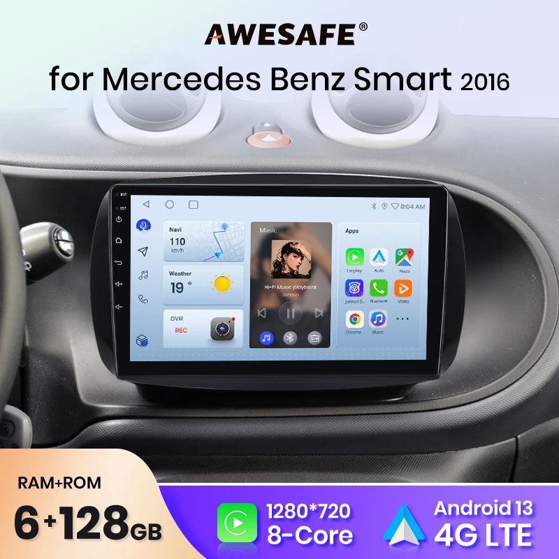 AWESAFE Android 13 Auto Radio for Mercedes Benz Smart 2016 Wireless CarPlay Multimedia Screen stereo GPS 2din DSP RDS