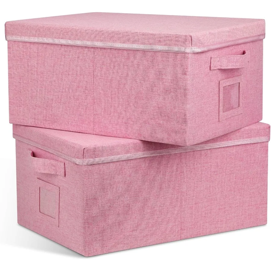 Cajas de almacenamiento de armario de 22,8 qt con tapas, contenedores de almacenamiento de recuerdos plegables de color rosa, contenedor de almacenamiento de cartón con tapa plana apilable para Cl