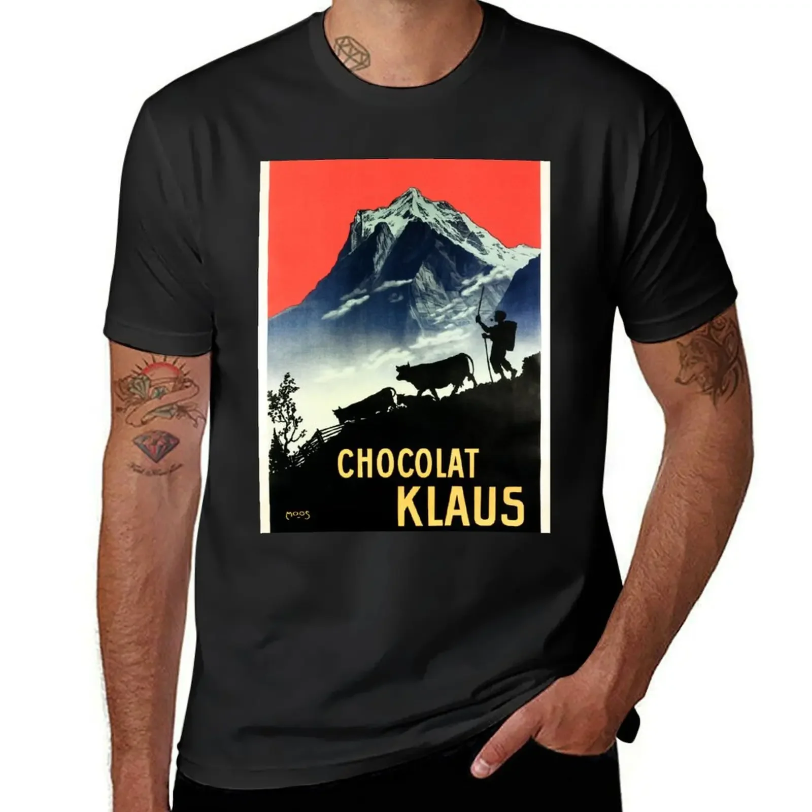

CHOCOLAT KLAUS by Carl Moos Vintage Swiss Chocolate Drink Advertisement T-Shirt vintage graphic tee mens fashion