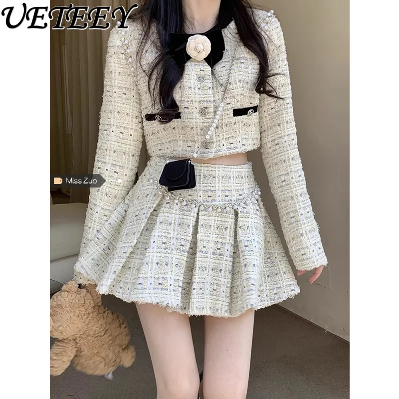 Heavy Industry Crew Neck Long Sleeve Short Coat Women's Autumn Winter New French Single-breasted Jacket and Pleated Skirt Set