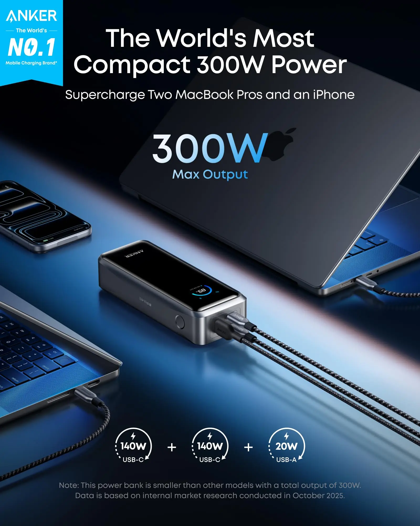 Anker Prime PowerBank, 26,250mAh 3-PortPortable Charger with300W Max Output,Two-Way Charging,TSA-Approved, AppControl，for iPhone