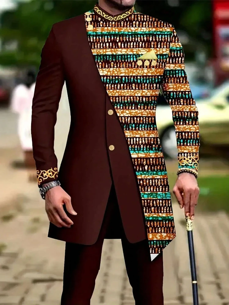 

Men's casual two-piece suit set with long sleeves, mid-length jacket and trousers.