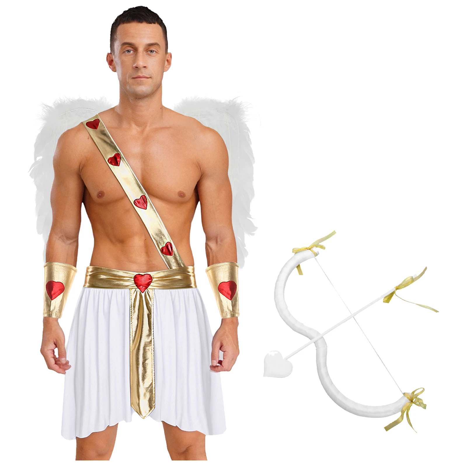 

Men Halloween God of Love Cosplay Costume Heart Pattern Skirt Detachable Sleeves And Wings Cupid Bow with Arrow Cosplay Sets