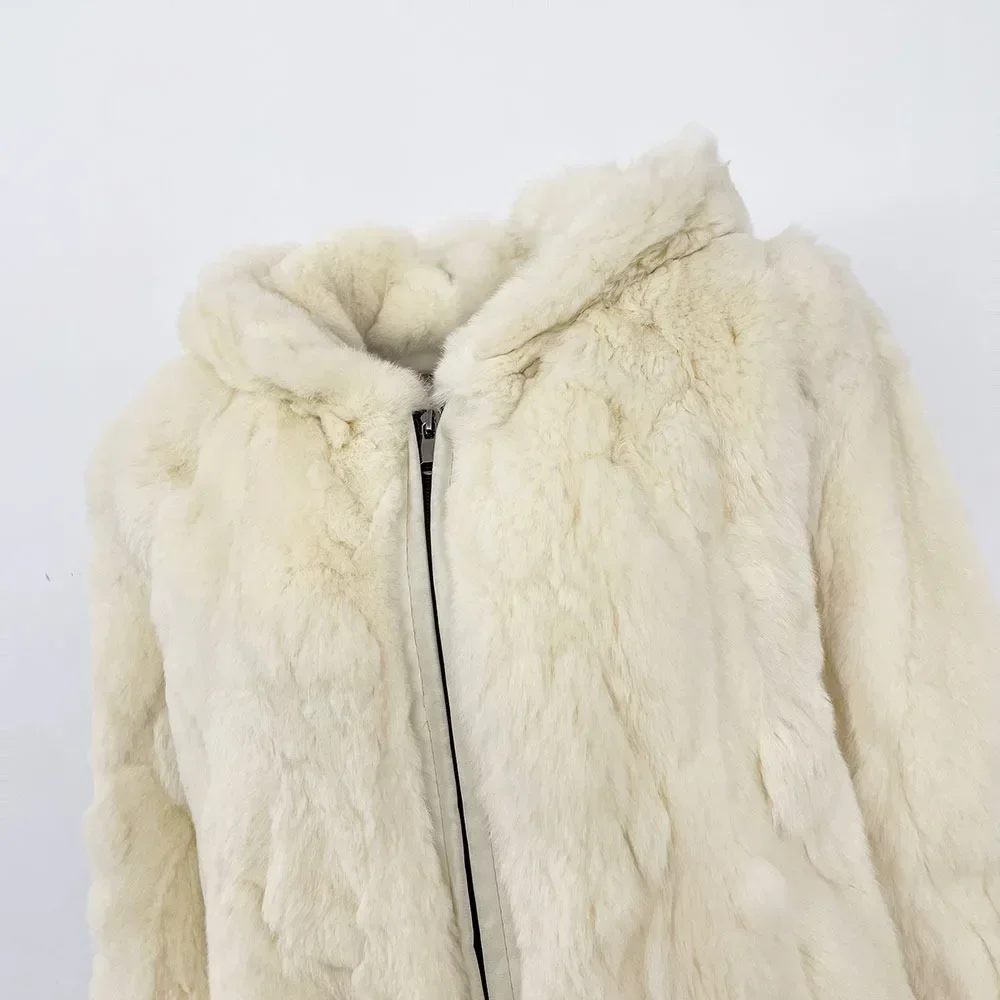 Real Fur Jacket Lady Mid-lenght Warm Hooded Natural Rabbit Fur Coat Female 2024 New Autumn Winter Real Rabbit Fur Jacket Women