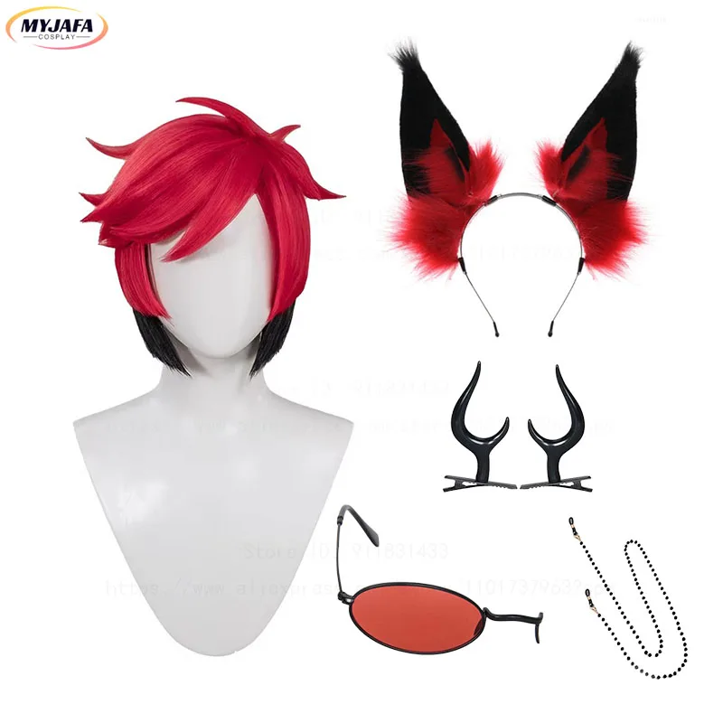 High Quality Alastor Cosplay Wig Red Black Heat Resistant Synthetic Hair Anime Cosplay Wigs + Wig Cap