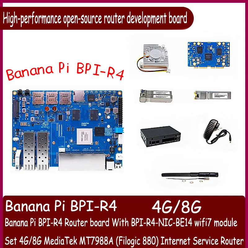 

Banana Pi BPI-R4Router board With Banana Pi BPI-R4 wifi7 module Set 4G/8G MediaTek MT7988A (Filogic 880) Internet Service Router