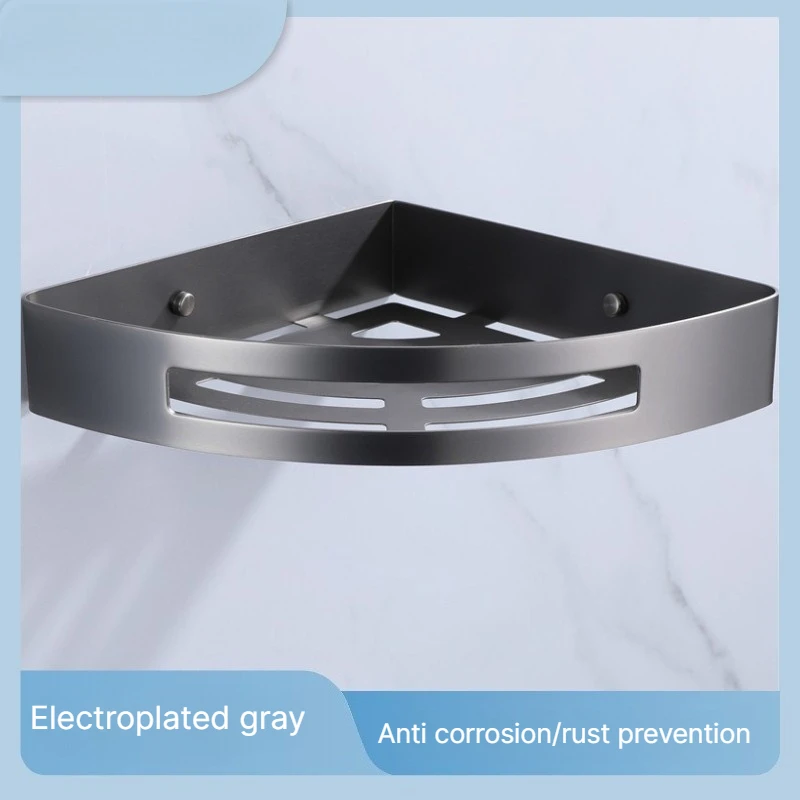 29x21cm Electroplated Gray Triangle Corner Shelf, Wall Mounted Drilling Bathroom Storage Organizer Anti Corrosion/Rust Preventio