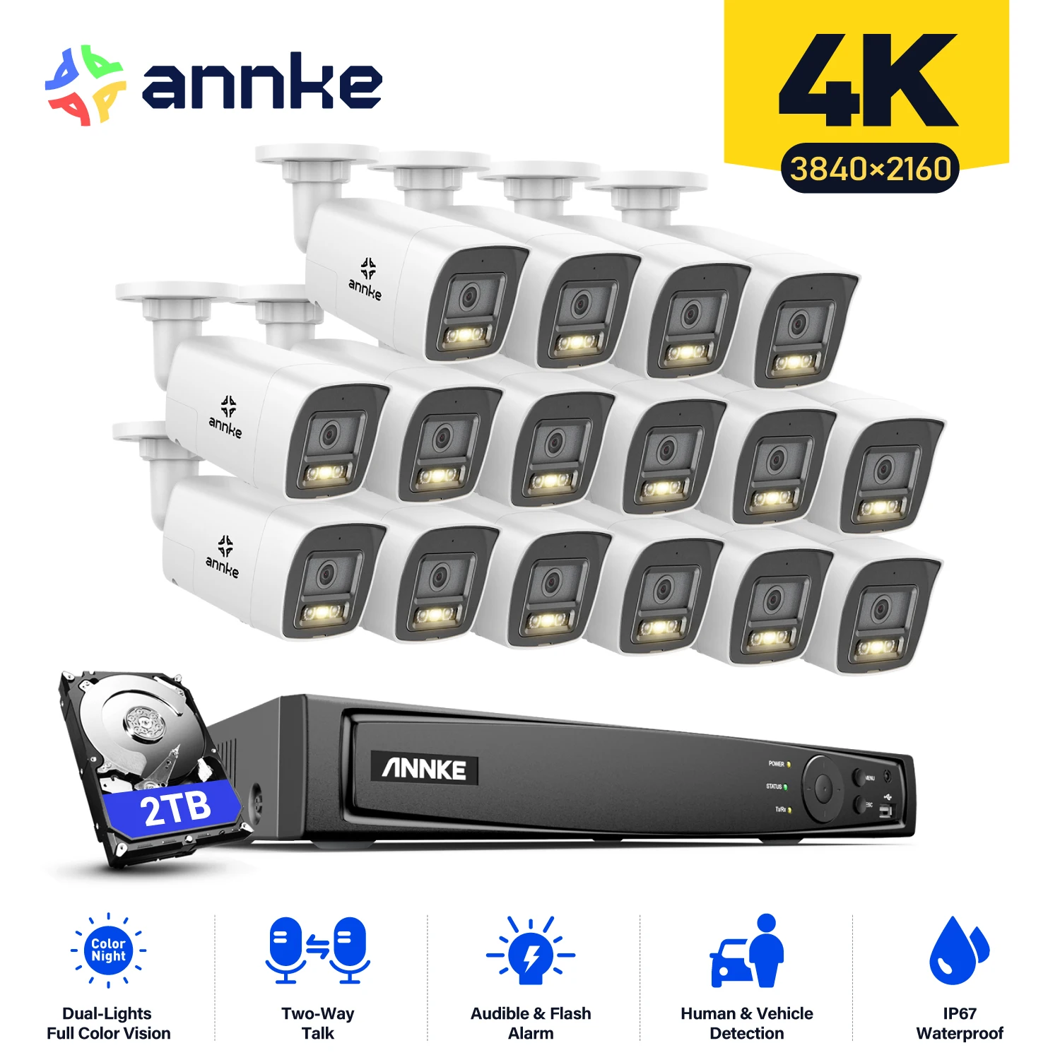 ANNKE 16CH 8MP POE Security Camera System Two Way Audio 4K NVR Kit CCTV Outdoor 16PCS IP Camera H.265+ Video Surveillance Set