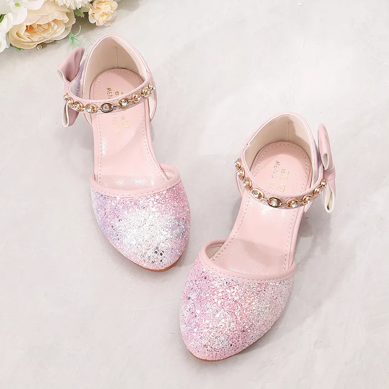 Summer Fashion Shiny Sequins Girls' Princess Sandals Children's High Heels Kids Baby Pink Purple Bow Performing Dance Shoes