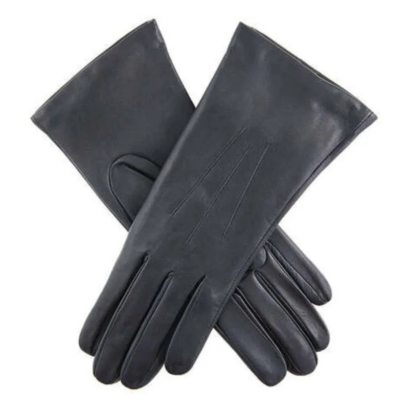 Women's Sheepskin Gloves, Smooth Real Leather, Medium Length, Wool Lining, Slim Fit, Warm, Riding, Driving, Decorative Black