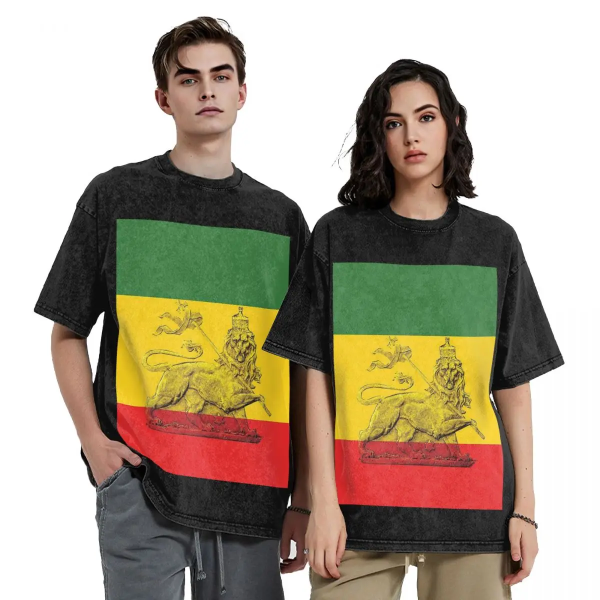 Lion Of Judah Rasta Colours Hip Hop Short Sleeve T-Shirts Washed Tops Tees Streetwear T Shirt Casual for Men Women