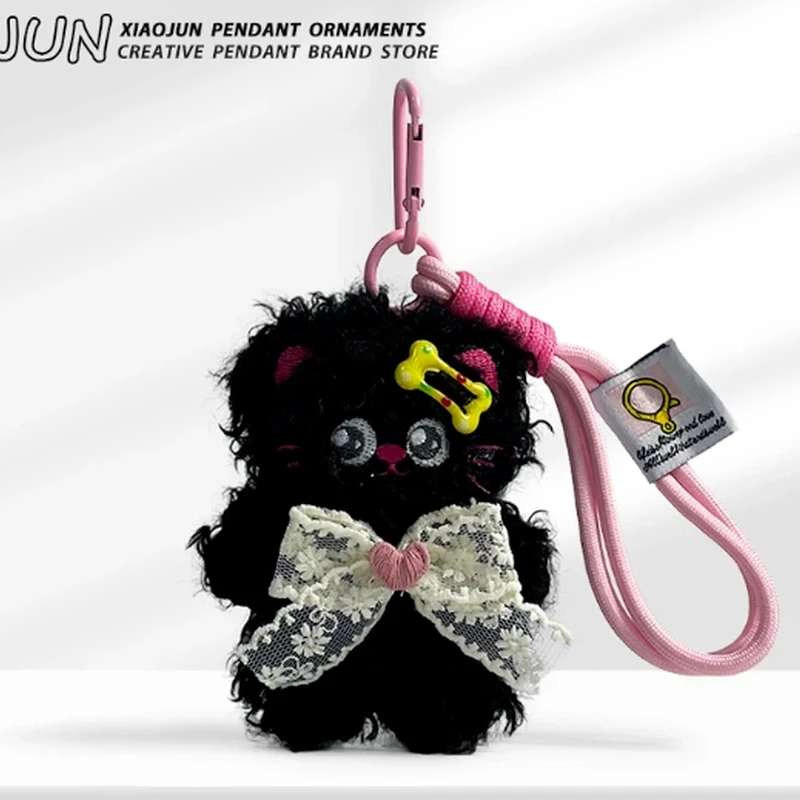 Black Curly Kitten Plush Doll Pendant Bee Shoulder Bag Bow Hand Rope Bag Keychain Dopamine Pendant Pendant Cute Festival Gifts