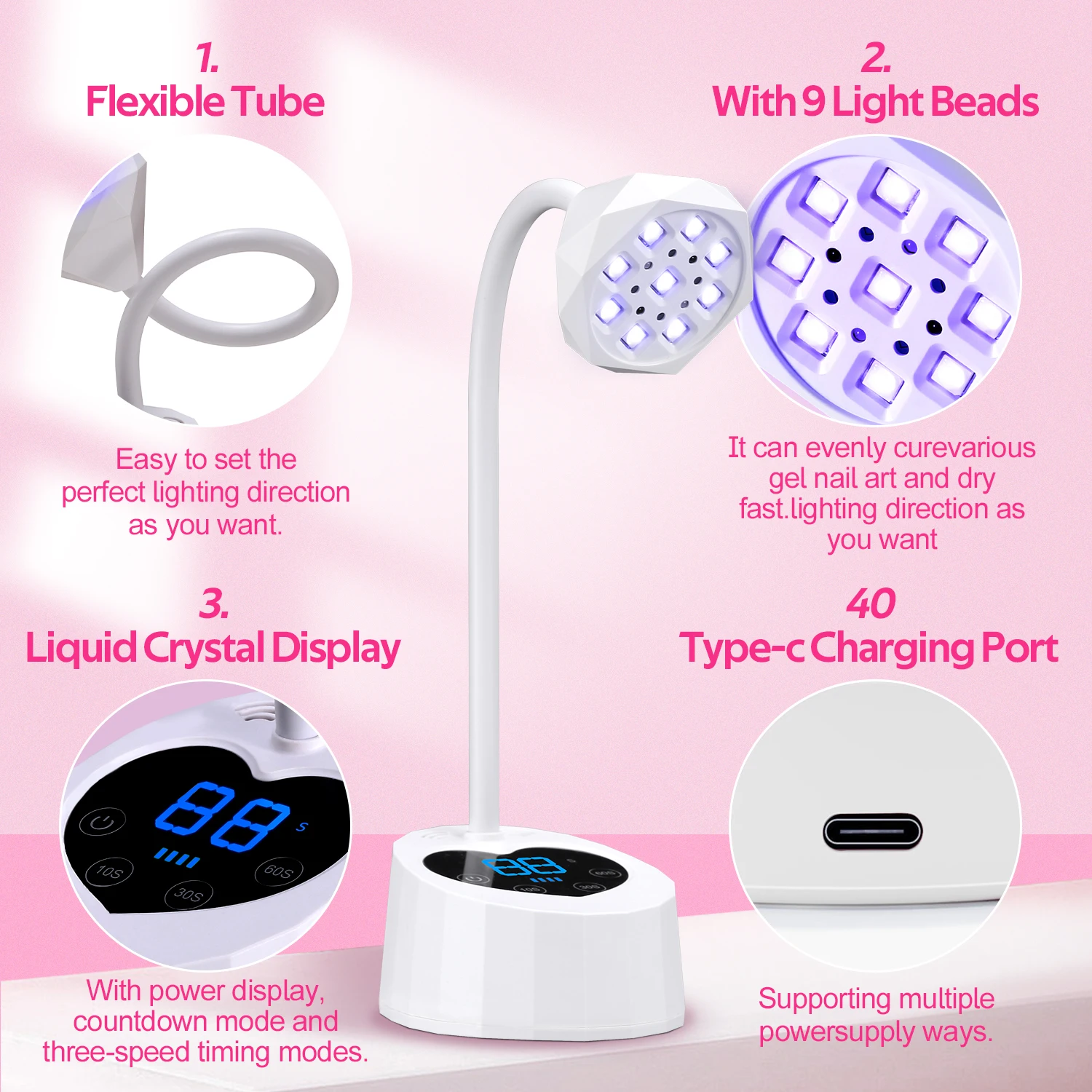 دينا بيوتي مصباح LED للأظافر قابل لإعادة الشحن بالأشعة فوق البنفسجية 27 وات، مجفف أظافر 360 درجة °   مصباح معالجة جل الغراء لتلميع الأظافر سريع الجفاف وقابل للانحناء