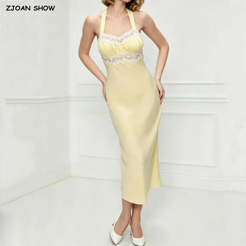 Holiday Yellow Spliced Lace Bow Halter Sling Dress High Waist Open Buttons Package Hips No Back Backless Midi Long Dresses Robe