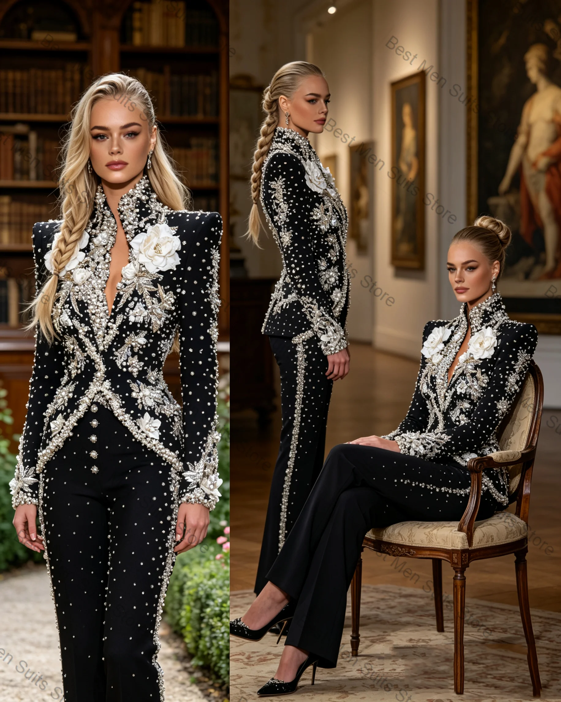

Luxury Pearls Women Suit Set 2 Pcs Blazer+Pants Trousers 3D Flower Formal Office Lady Jacket Customized Wedding Guest Coat