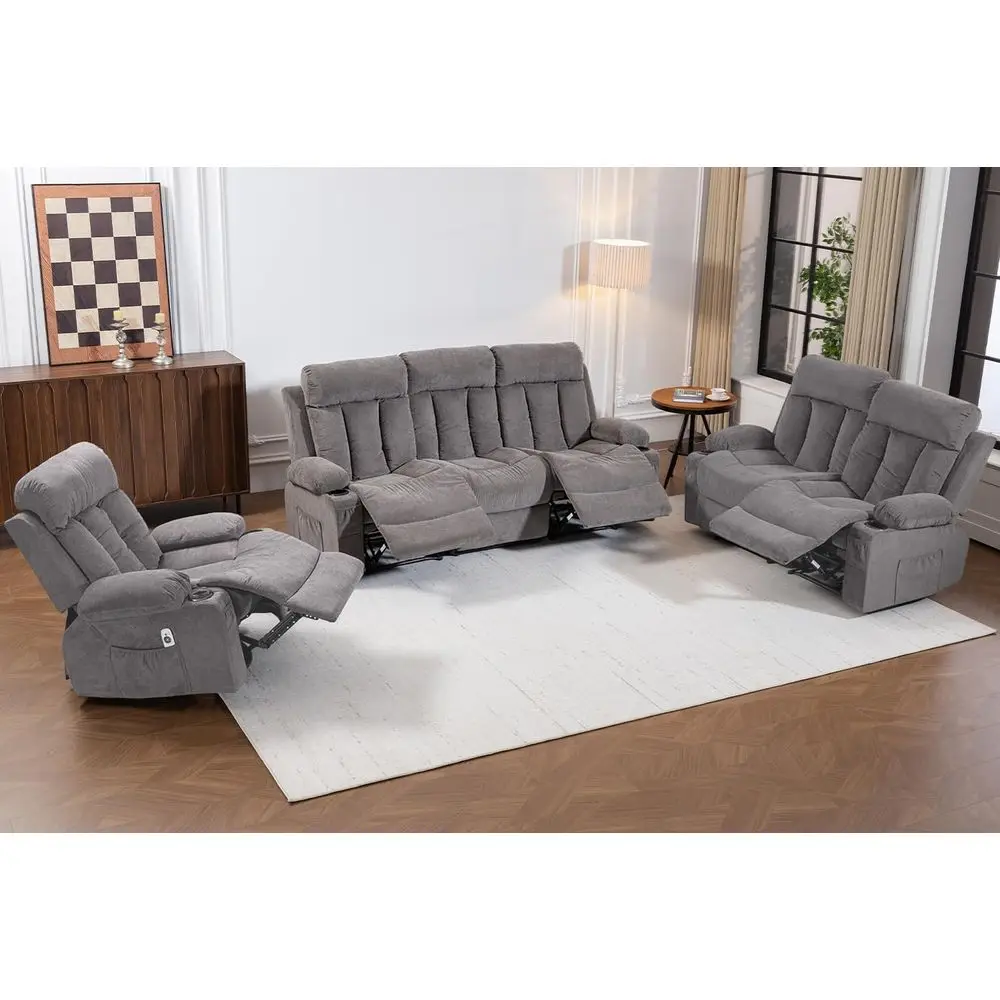 

3-Piece Grey Reclining Living Room Set with Cup Holders for Home Theater or Office