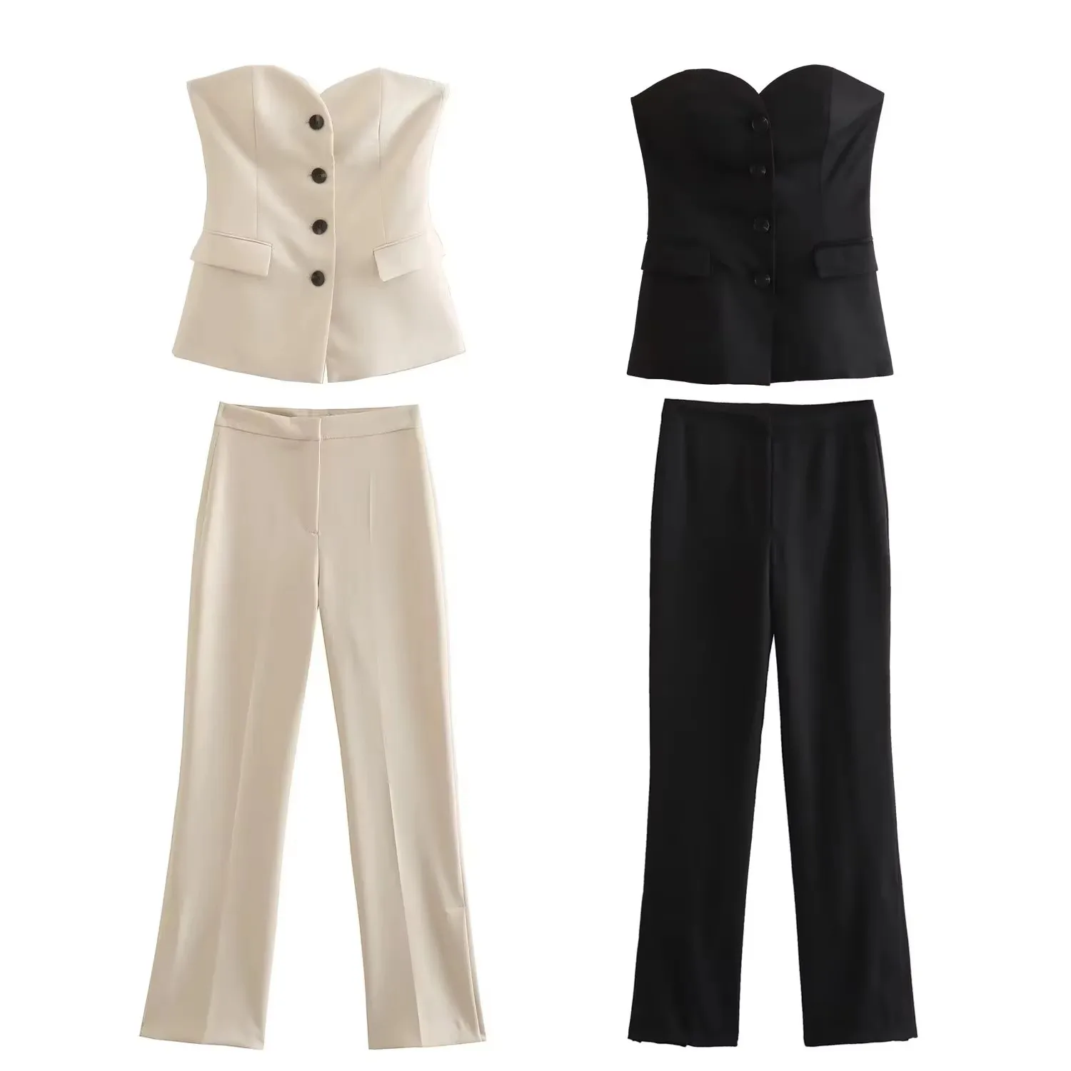 HH Pant Sets For Women Sleeveless Off Shoulder Tube Top Blazer Side Slit Trouser Side Slit Trouser Casual Office Lady Suit