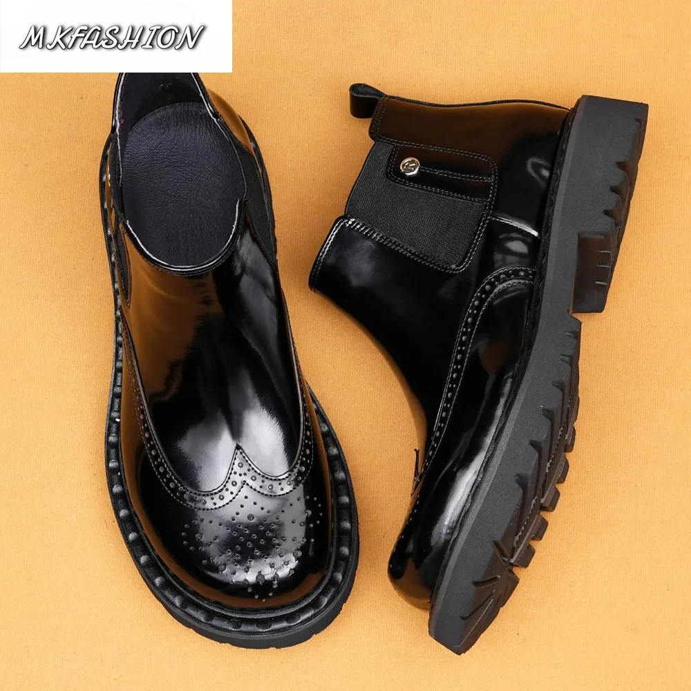 Men's Glossy Genuine Leather Business Casual Boots Thick Soled Round Toe Slip On Ankle Boot Booties Shoes