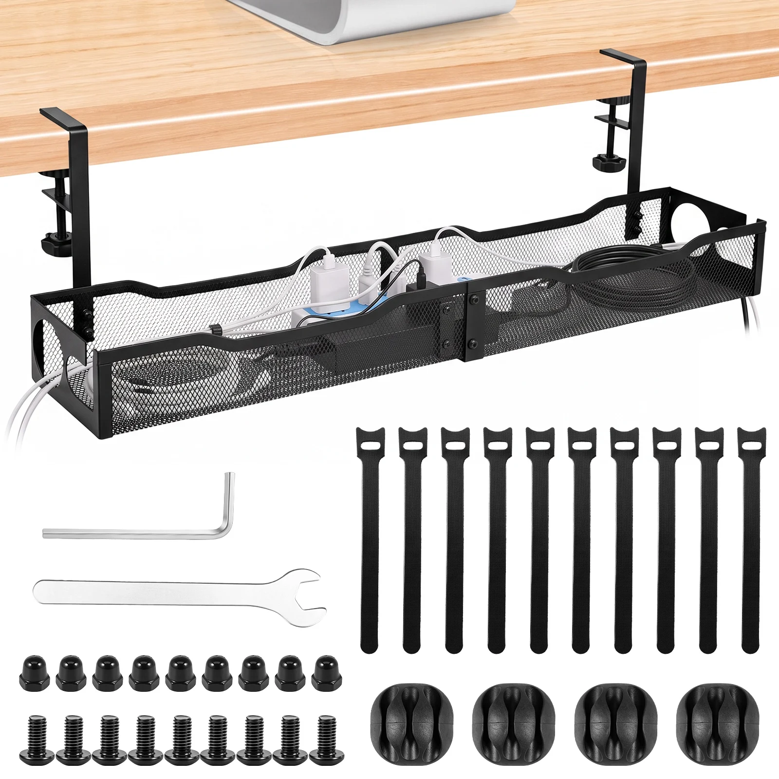 Under Desk Cable Management Tray No Drill Clamp Power Strip Organizer Extra Long Metal Cable Storage Home Office Gaming Desk