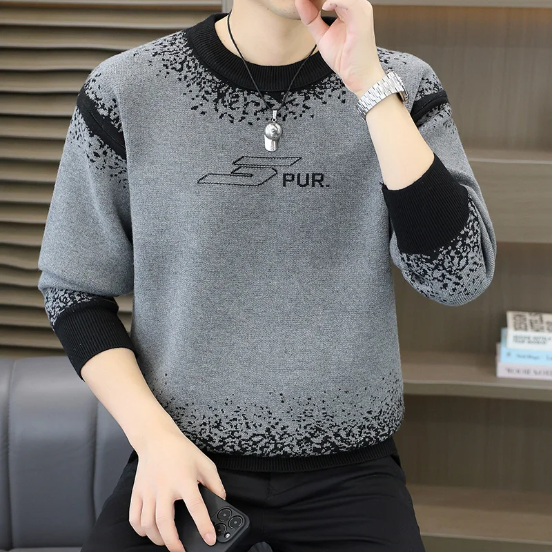 

Корейский жаккардовый мужской свитер с градиентом, зимний теплый повседневный свитер с длинными рукавами и круглым вырезом, социальная уличная одежда, свитер в стиле Харадзюку
