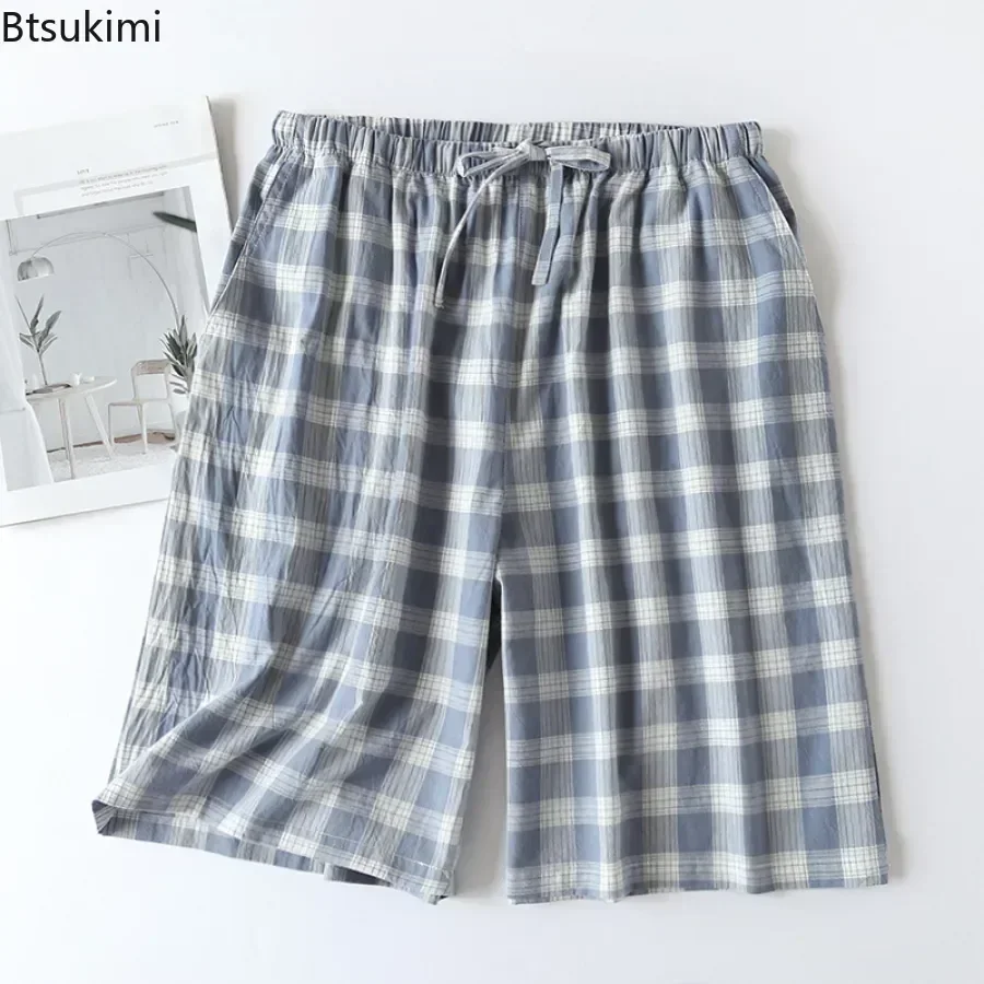 Shorts Pajama Pants 100% Casual Bottoms Double-layer Male Home Plaid Sleep Men's 2023 Loose New Sleepwear Design Cotton Homewear