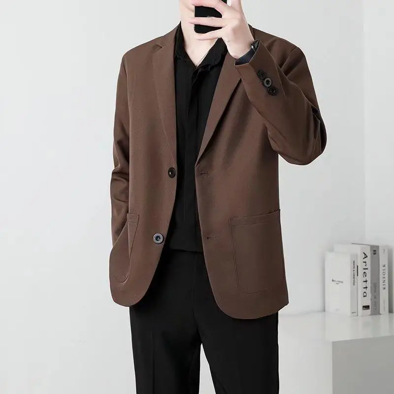 Men Suit Jackets Blazer Coat Slim Fit Smart Casual Autumn New Fashion Clothing Two Buttons Solid Color Korean Black/Khaki/Coffee