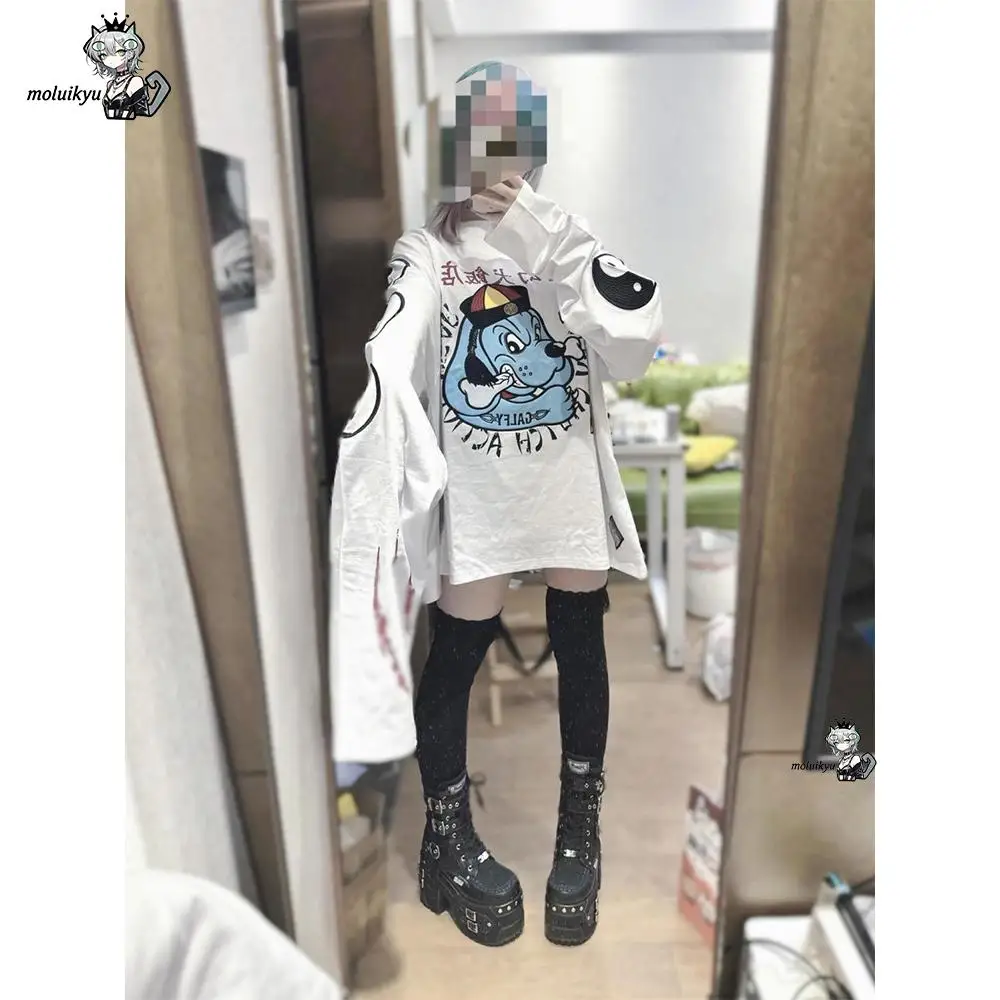 Y2K Harajuku Oversized T Shirt Women Funny Zombie Dog Cartoon Print Extra Long Sleeve Top Gothic Streetwear Loose Aesthetic Tees