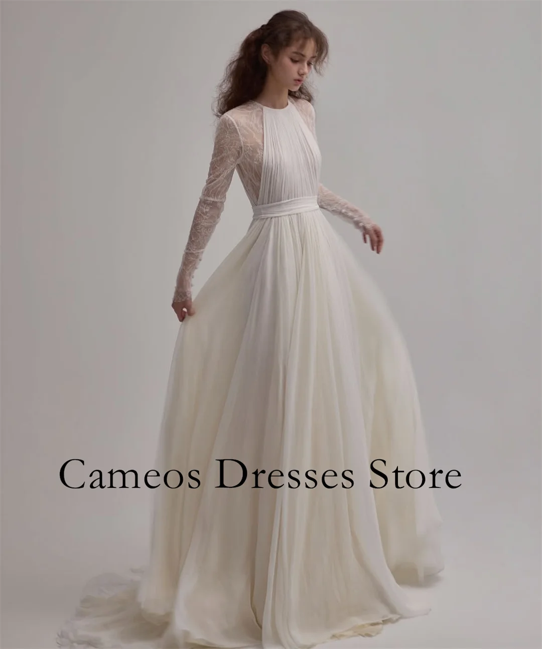 Ivory O-Neckline Chiffon Lace Wedding Dress with Sweep Train Bridal Gown With Sweep Train Formal Wedding Dress For Women