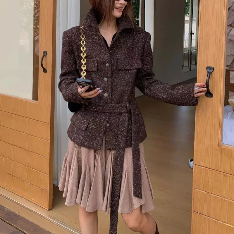Waist Shirt Type Small Fragrant Coat Wool Tweed Belt Multi-pocket Short Coat Women's 25 New Models