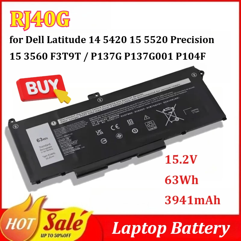 RJ40G 15.2V 63Wh 3941mAh Laptop Battery for Dell Latitude 14 5420 15 5520 Precision 15 3560 F3T9T / P137G P137G001 P104F