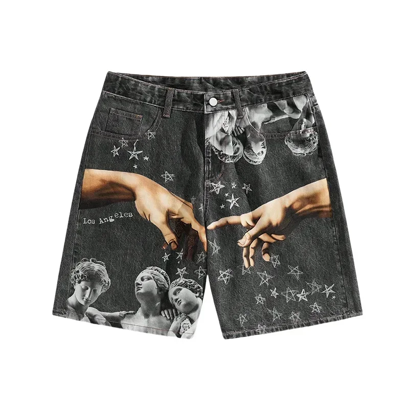 New Men's European and American Style Denim Shorts with Individual Hip-hop Trendy 3D Pattern Print, Wide-leg Five-point Shorts.