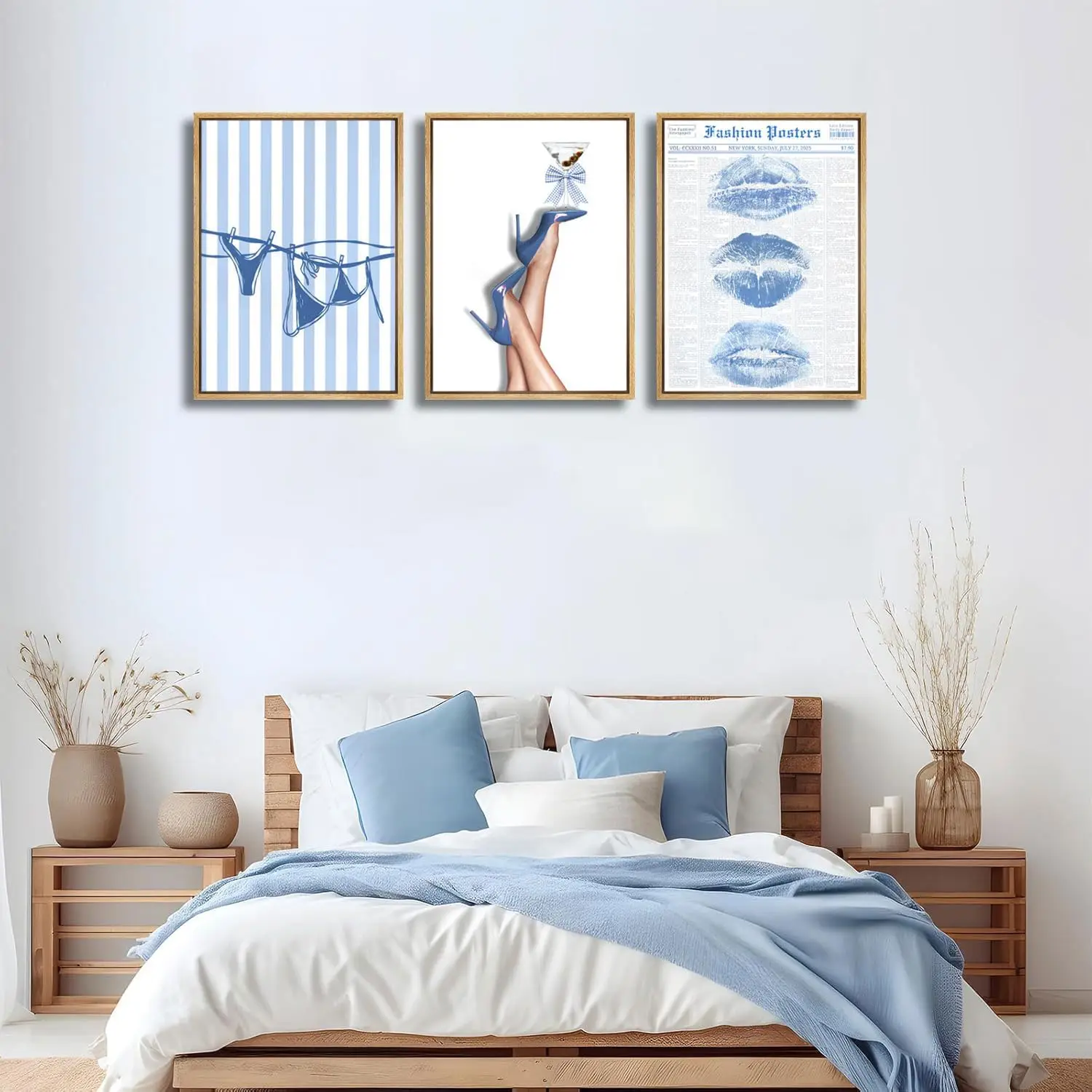 

3pcs Blue Lips Bikini Bow High Heels Wall Pictures Retro Martini Newspapers Canvas Posters, Printed Materials, Home Decoration