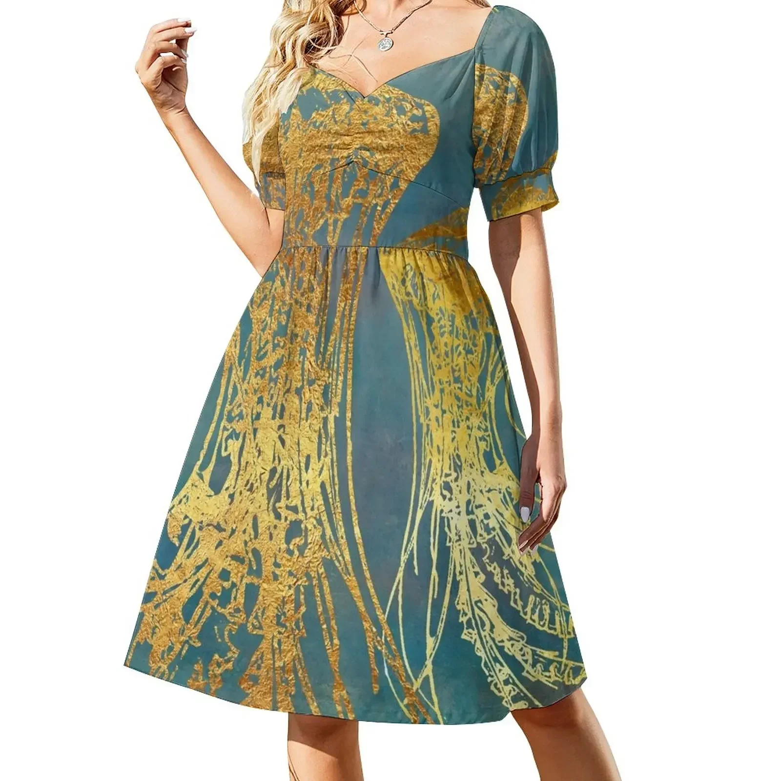 

Deep Sea Life IV Golden Jellyfish, ocean texture Short-Sleeved Dress luxury woman evening dress womans clothing Dress